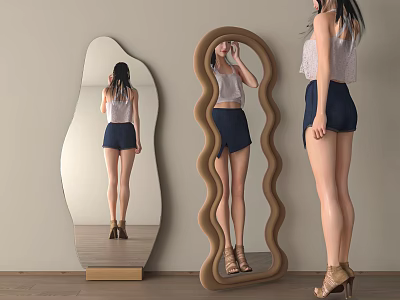 Wavy Irregular Shape Full Length Mirror Woman Checking Look On Indoor Wooden Floor 3d model
