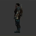 Sci-Fi Warrior In Mechanical Armor With Metallic Components And Detailed Armored Gear