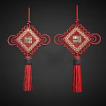 Red Chinese Knot Pendant Featuring Fu and Xi Characters with Hanging Tassels and Gold Accents