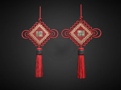 Red Chinese Knot Pendant Featuring Fu and Xi Characters with Hanging Tassels and Gold Accents 3d model