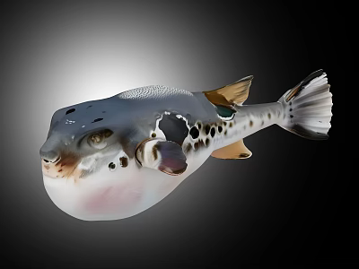 Gray and White Puffer Fish with Black Spots and Puffed Belly Showing Fins and Eyes 3d model