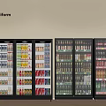 Poliform Glass Door Display Refrigerators With Various Beverages Canned Goods And Bottled Drinks