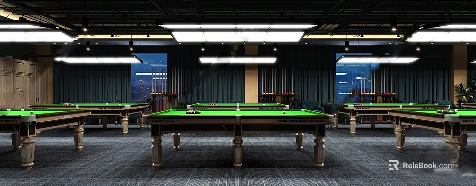 Elegant Billiard Room Interior With Green Felt Tables And Overhead Lighting Fixtures 3d model 