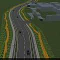 Wide Well Designed Municipal Road With Street Lights Green Belts And Vehicles