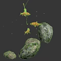 Vibrant Red Fish Floating Near Mossy Rocks With Fishing Line Details