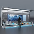 Tech Exhibition Hall Featuring Interactive Booth Screens Industrial Models and Visitor Viewing Power Exhibits 3d model