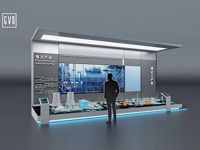 Tech Exhibition Hall Featuring Interactive Booth Screens Industrial Models and Visitor Viewing Power Exhibits 3d model
