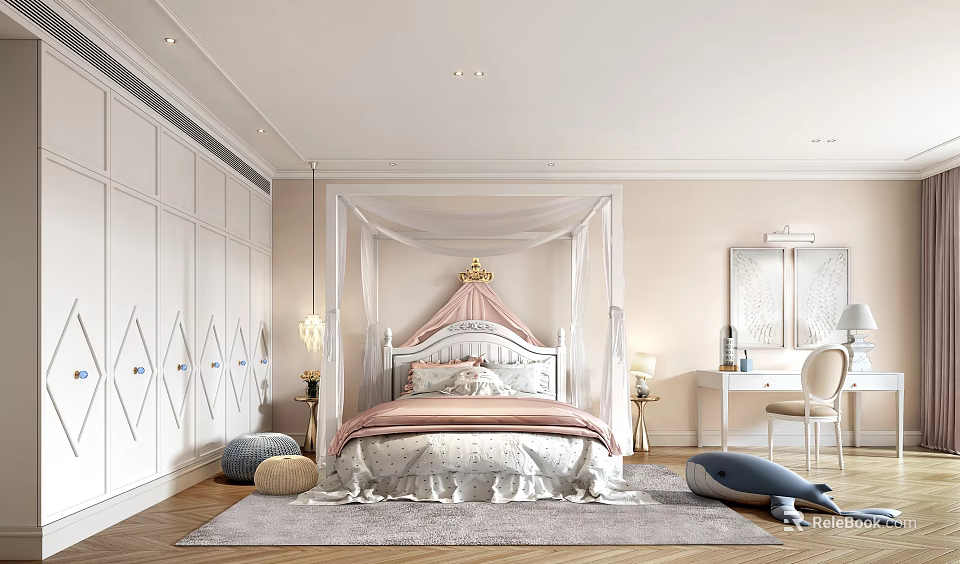 Modern Elegant Bedroom With Pink Headboard White Canopy White Wardrobe Rug And Plush Toy 3d model 