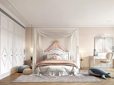 Modern Elegant Bedroom With Pink Headboard White Canopy White Wardrobe Rug And Plush Toy 3d model