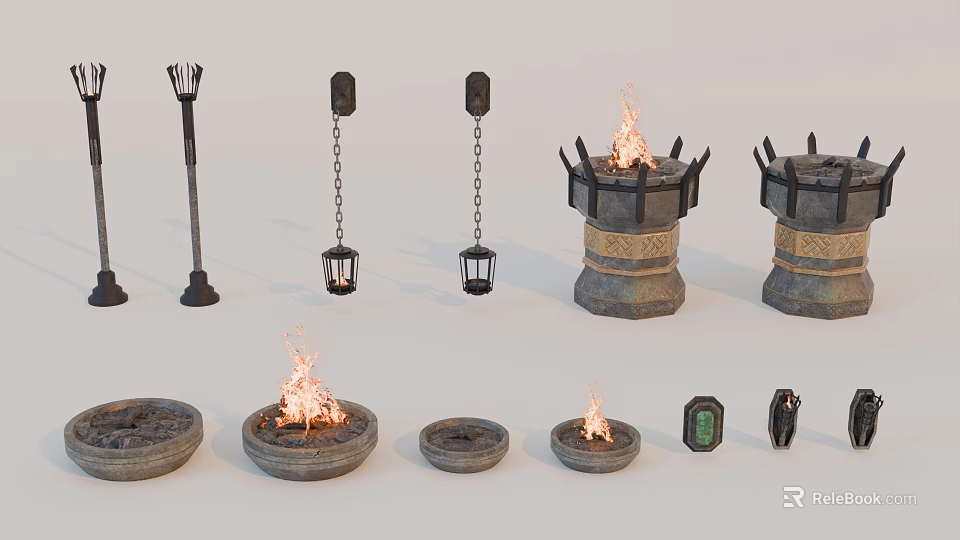 Medieval Outdoor Decorative Lanterns Torches And Stone Fire Bowls With Flames 3d model 