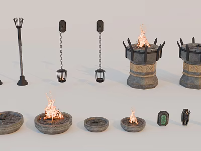 Medieval Outdoor Decorative Lanterns Torches And Stone Fire Bowls With Flames 3d model