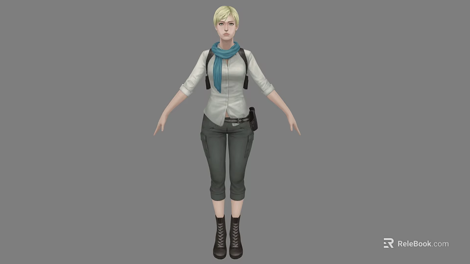 Blonde Woman In White Shirt Blue Scarf Black Pants And Black Boots 3d model 