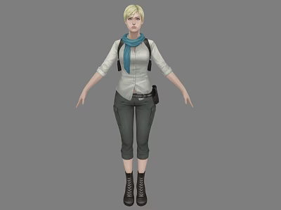 Blonde Woman In White Shirt Blue Scarf Black Pants And Black Boots 3d model