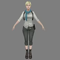 Blonde Woman In White Shirt Blue Scarf Black Pants And Black Boots