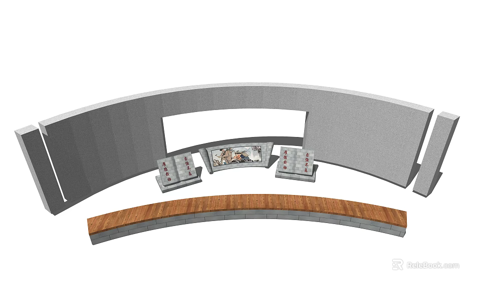 Curved Feature Wall Design With Gray Surface Wooden Base And Decorative Inlays 3d model 