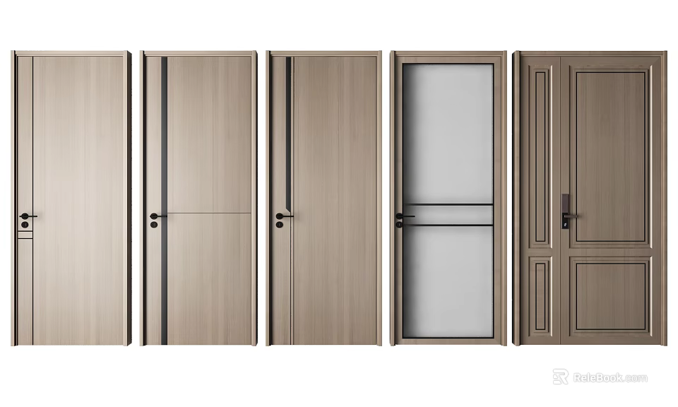 Modern Wooden Swing Doors with Glass Panel and Minimalist Design Features 3d model 