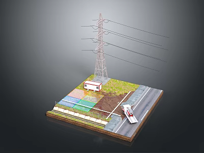 3D Power Facility Model with High Voltage Tower Utility Truck Road and Green Area 3d model