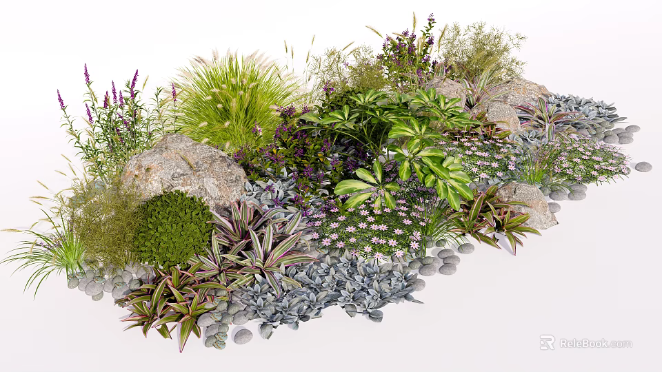 Flowers and Plants in Natural Garden Landscape with Mixed Greenery Rocks and Gravel 3d model 