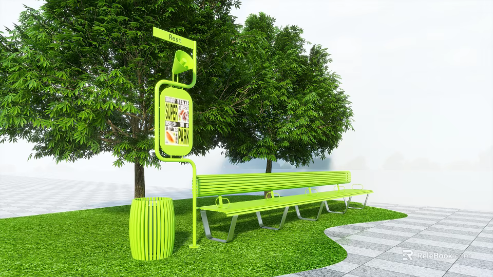 Green Outdoor Bench in Park With Trees Grass Trash Can And Information Board 3d model 