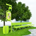 Green Outdoor Bench in Park With Trees Grass Trash Can And Information Board