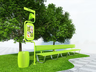 Green Outdoor Bench in Park With Trees Grass Trash Can And Information Board 3d model