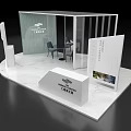Modern Exhibition Booth Design With White Structure Tables Chairs And Brand Logo