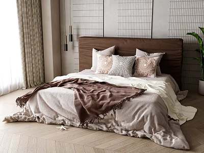 Double Bed With Wooden Headboard Pillows And Blanket Near Textured Walls And Curtains 3d model