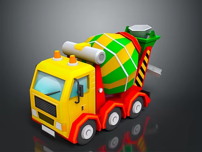 Colorful Toy Concrete Mixer Truck With Yellow Cab Green Drum Orange Lights And Red Wheels 3d model
