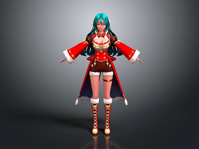 Anime Female Character With Teal Hair Red Coat Brown Shorts And Knee High Boots 3d model