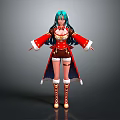 Anime Female Character With Teal Hair Red Coat Brown Shorts And Knee High Boots