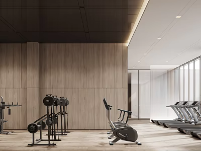 Modern Gym Interior Design With Wooden Walls And Diverse Fitness Equipment 3d model