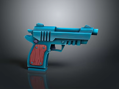 Blue Pistol With Red Wooden Grip And Cartoon Style 3D Model Design 3d model