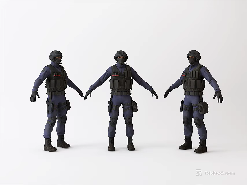 Three Men In Tactical Uniforms With Helmets Standing In Full Body Pose 3d model