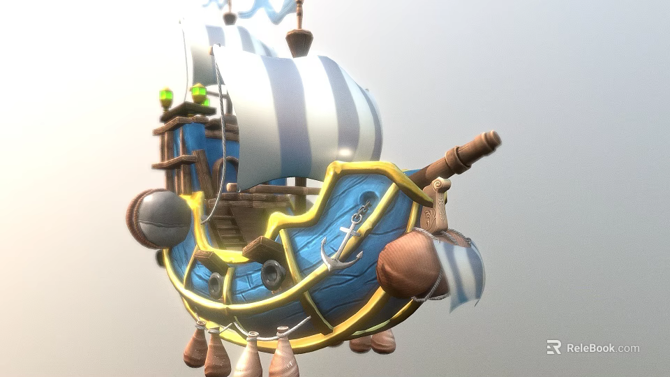 Colorful Wooden Ship with Blue Hull and Striped Sails Yellow Trim Anchor and Cannonballs Design 3d model 