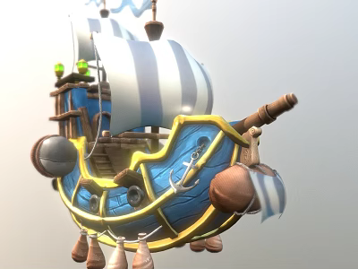 Colorful Wooden Ship with Blue Hull and Striped Sails Yellow Trim Anchor and Cannonballs Design 3d model
