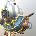 Colorful Wooden Ship with Blue Hull and Striped Sails Yellow Trim Anchor and Cannonballs Design