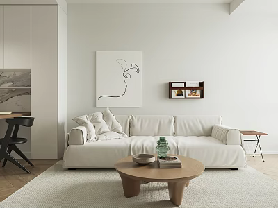 Modern Apartment Living Room With White Sofa Wooden Coffee Table Abstract Painting And Light Rug 3d model