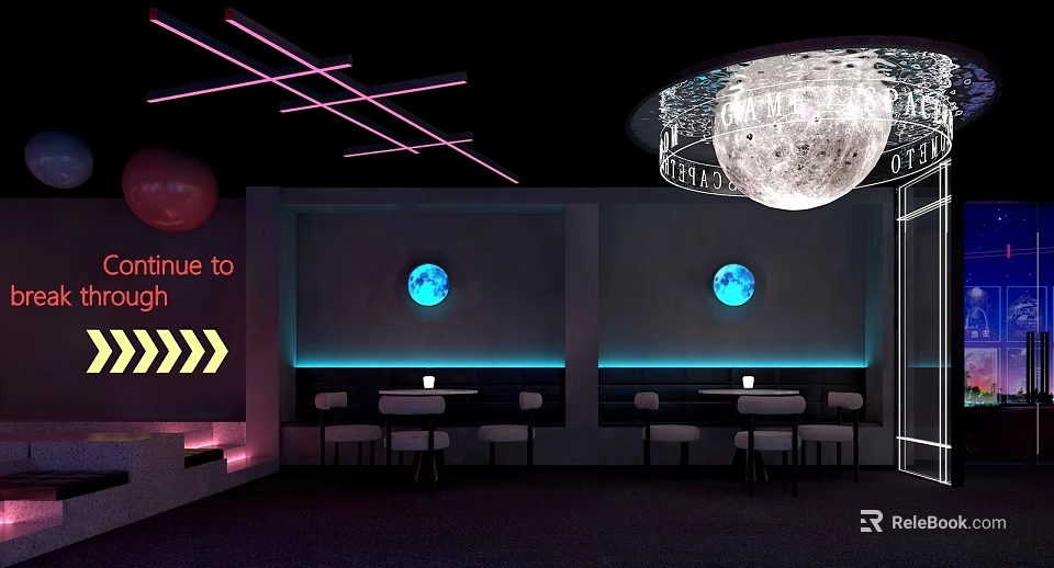 Neon Lit Bar Interior With Moon Decoration Blue Glowing Elements And Tables 3d model 