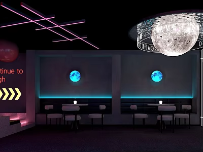 Neon Lit Bar Interior With Moon Decoration Blue Glowing Elements And Tables 3d model