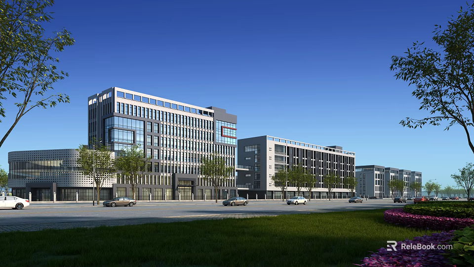 Modern Office Buildings With Glass Facades Landscaping And Parked Cars In Urban Surroundings 3d model 