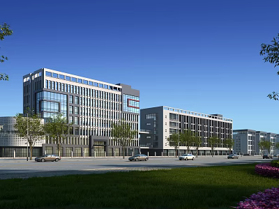 Modern Office Buildings With Glass Facades Landscaping And Parked Cars In Urban Surroundings 3d model