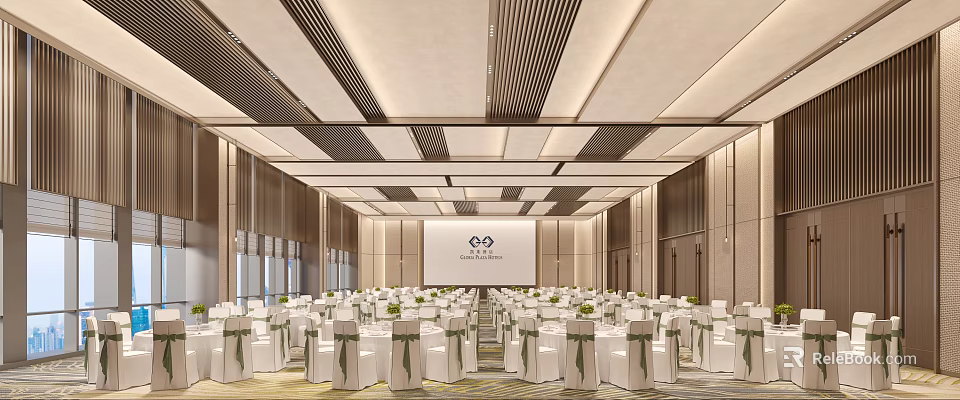 Spacious Modern Luxury Hotel Banquet Hall With Neatly Arranged Dining Tables And Chairs 3d model 