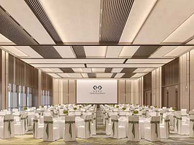 Spacious Modern Luxury Hotel Banquet Hall With Neatly Arranged Dining Tables And Chairs 3d model