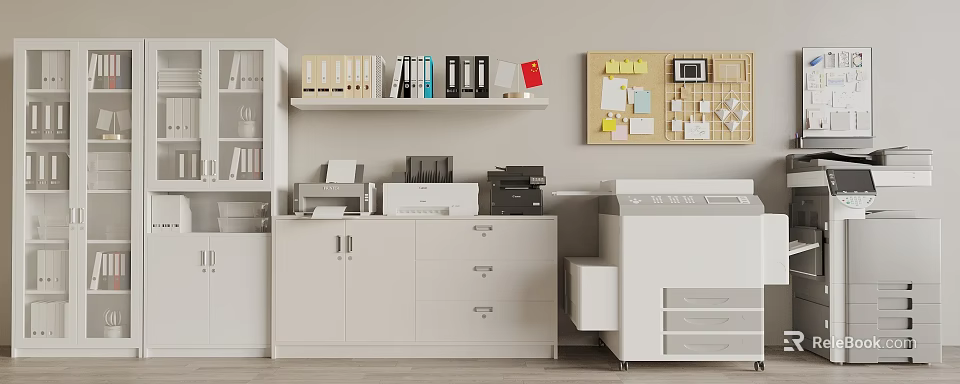 Efficient Office Electronics Setup With White Filing Cabinets Printers Bulletin Board Sticky Notes And Clock 3d model 