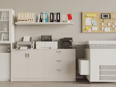 Efficient Office Electronics Setup With White Filing Cabinets Printers Bulletin Board Sticky Notes And Clock 3d model