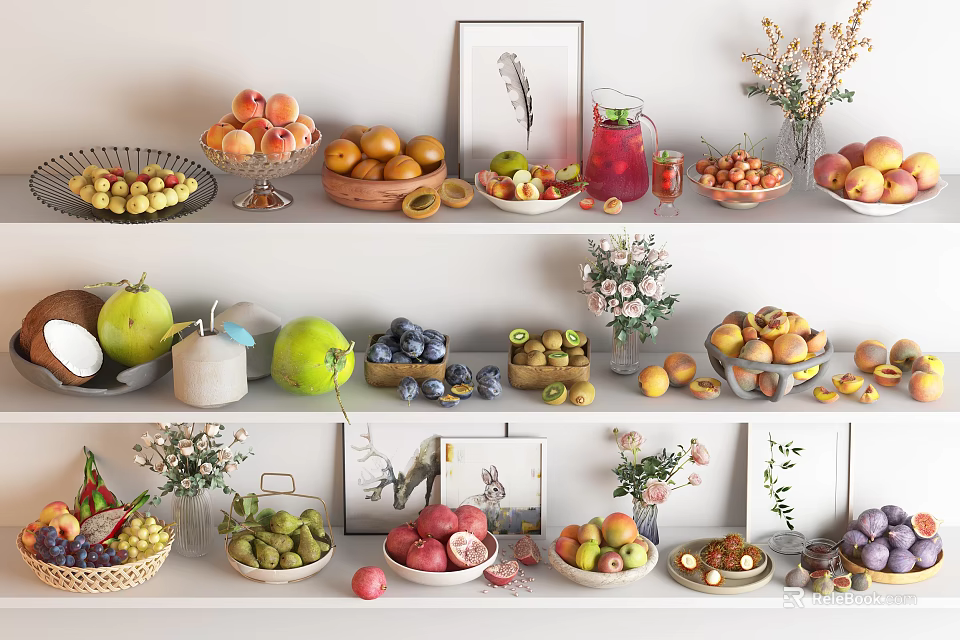 Assorted Fresh Fruits Display on Shelves with Decorative Vases and Frames 3d model 