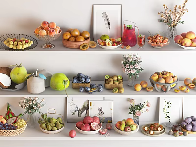 Assorted Fresh Fruits Display on Shelves with Decorative Vases and Frames 3d model