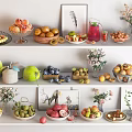 Assorted Fresh Fruits Display on Shelves with Decorative Vases and Frames