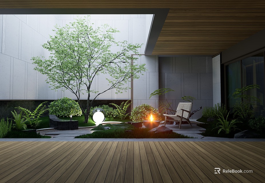 Modern Garden With Lush Greenery Tall Tree Outdoor Chair Fire Pit Light And Wooden Decking 3d model 