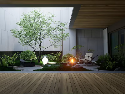 Modern Garden With Lush Greenery Tall Tree Outdoor Chair Fire Pit Light And Wooden Decking 3d model